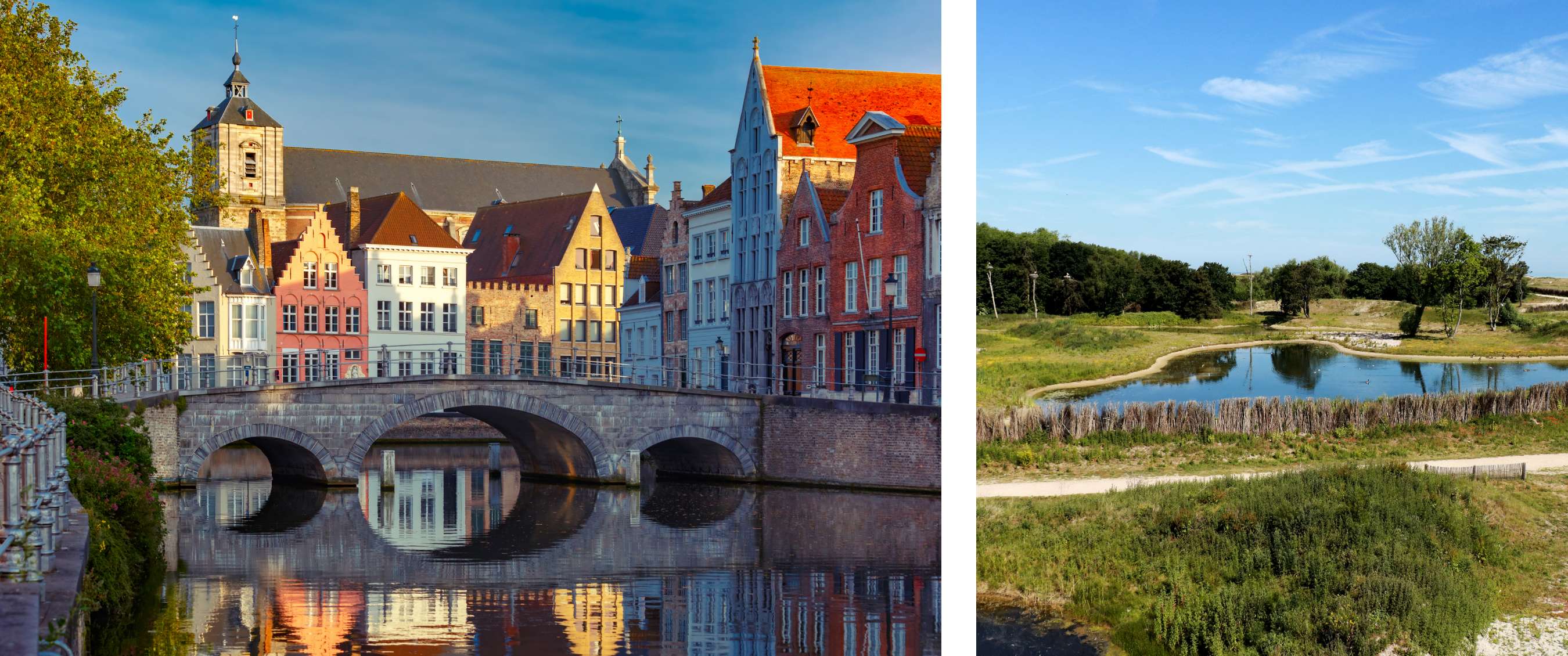 Deux images : pont et maisons de Bruges le long de l’eau ; étang dans un paysage verdoyant