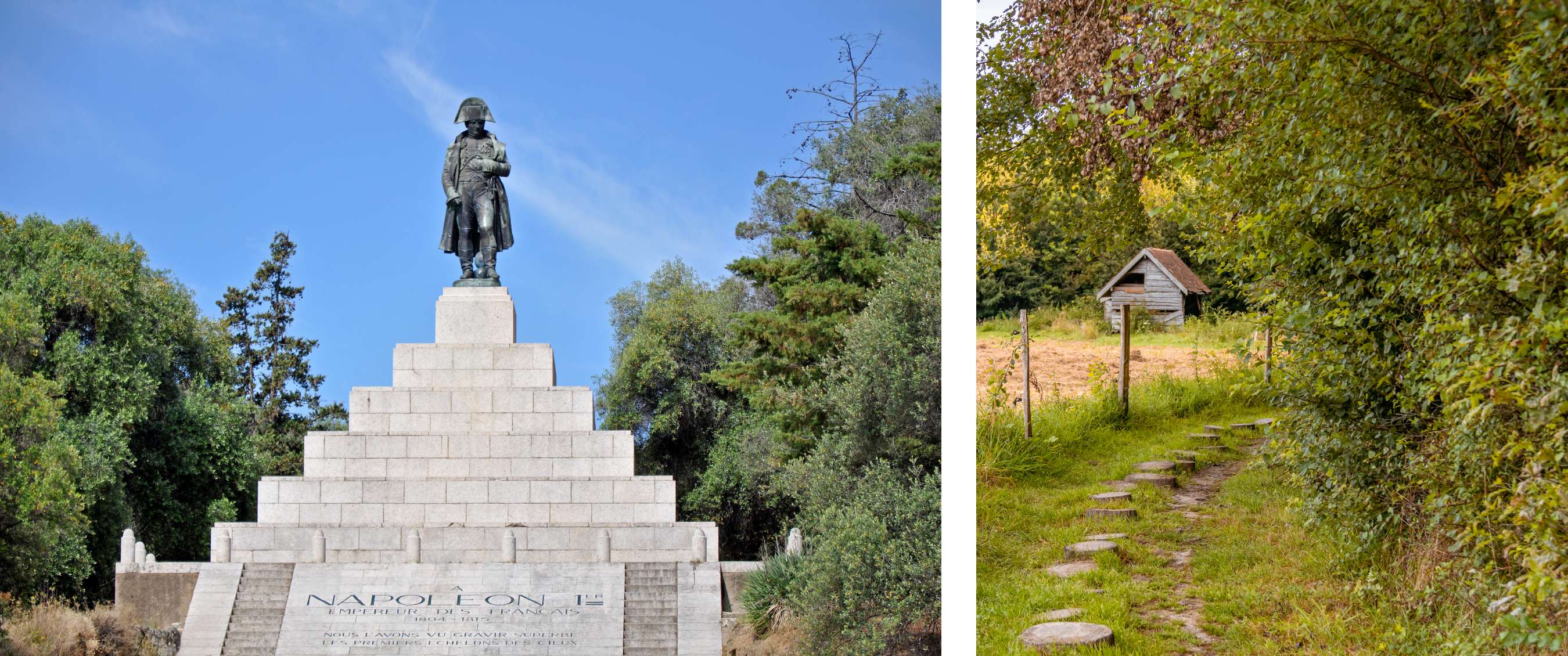 Deux images : monument de Napoléon Ier entre les arbres ; chemin herbeux avec pas japonais vers une petite cabane