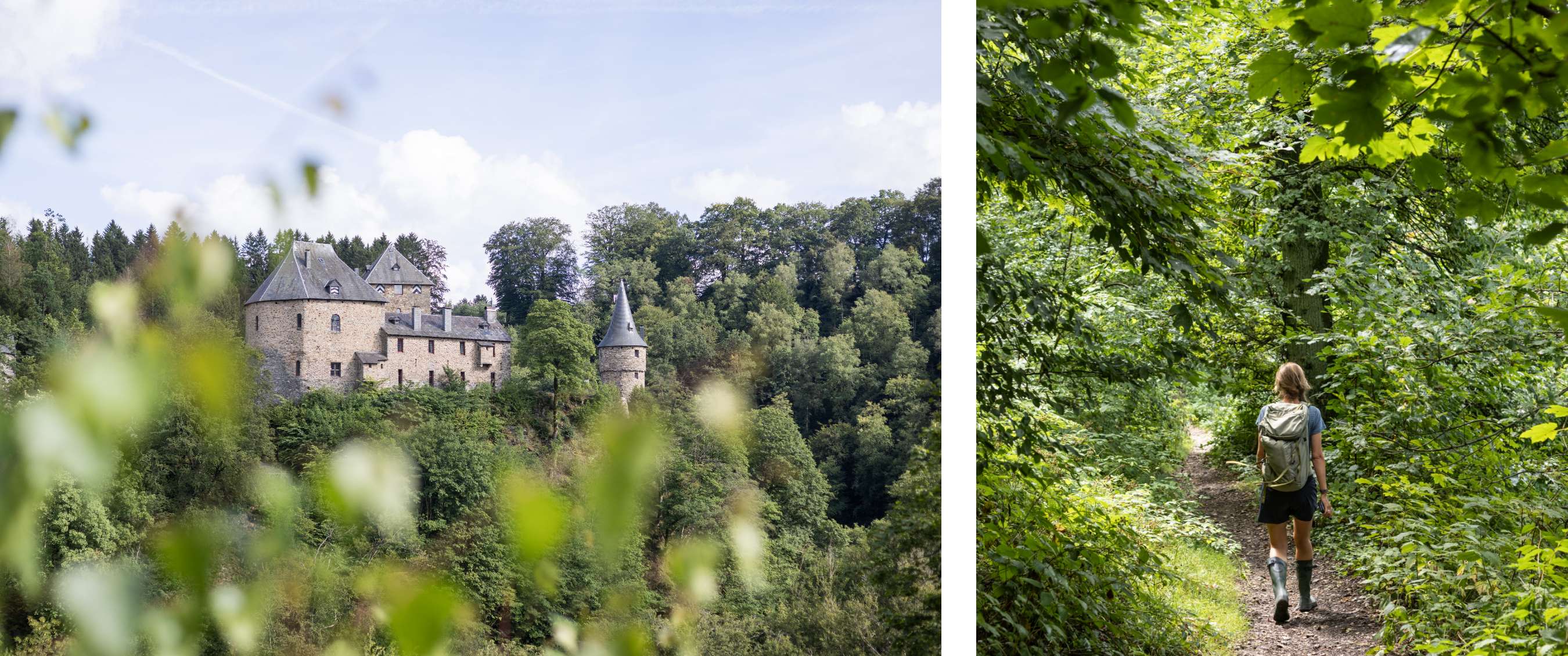 Deux images : château en pierre sur une colline boisée ; randonneur avec sac à dos sur un sentier forestier étroit