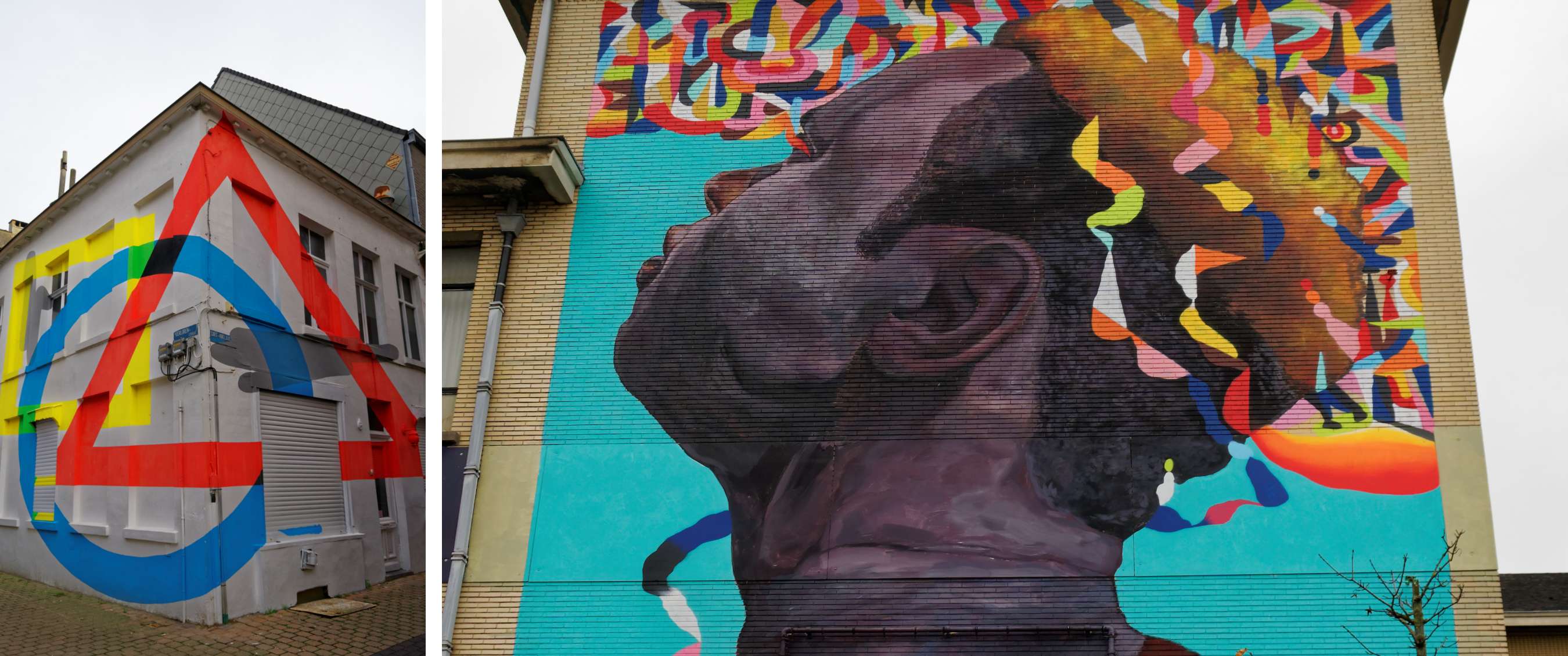 Fresque colorée avec un grand portrait sur la façade latérale d’un bâtiment.