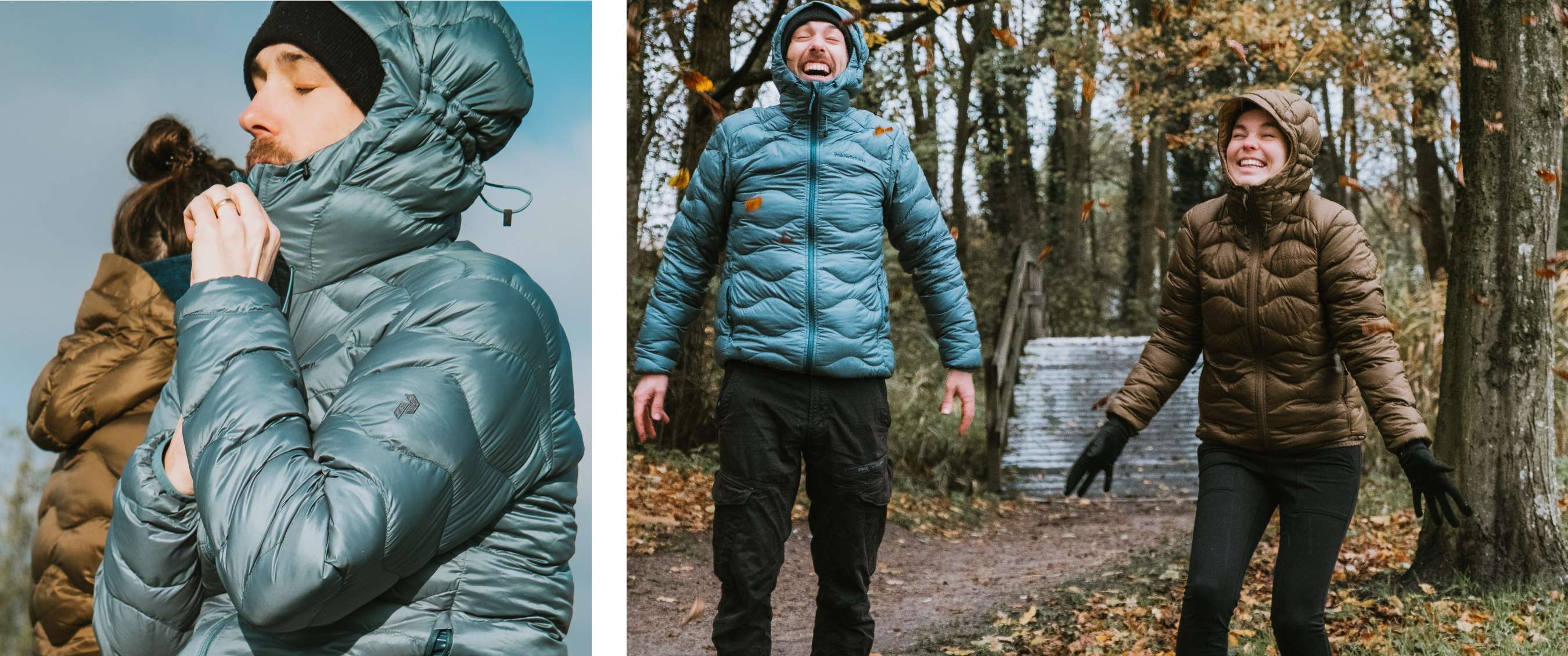 Deux images : gros plan d’une doudoune bleue à capuche ; deux personnes en doudoune sur un chemin forestier avec feuilles d’automne