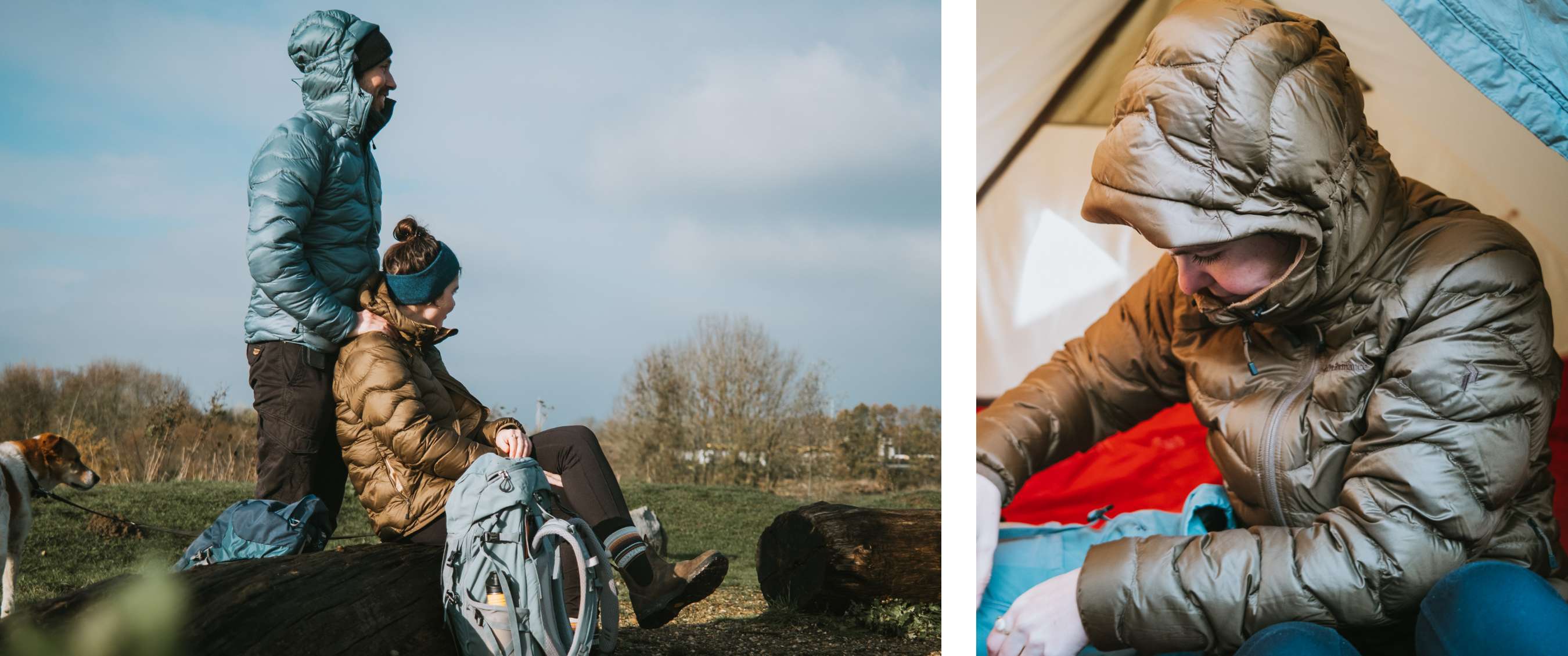 Deux images : personnes en doudoune lors d’une activité de plein air sur un terrain herbeux ; détail d’une personne en doudoune assise dans une tente