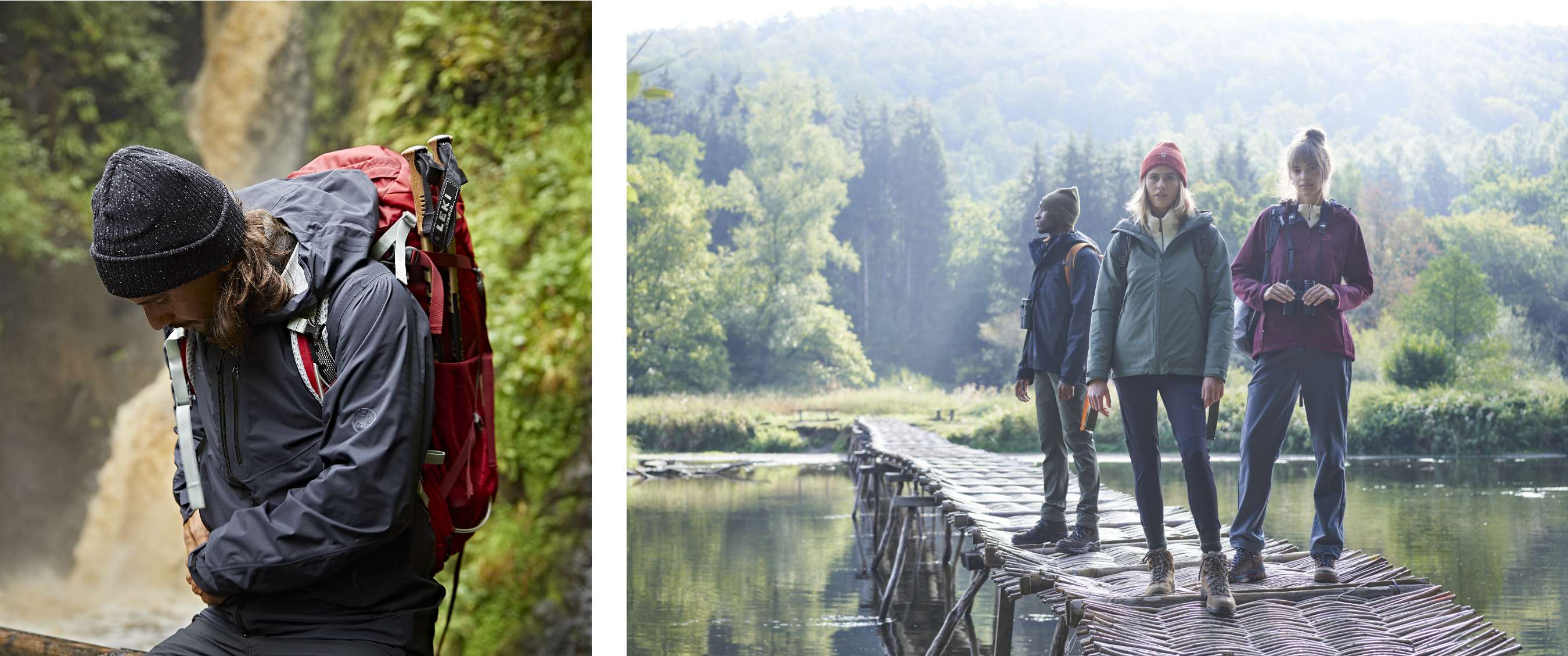 Twee beelden: wandelaar met rugzak bij een waterval in een groene bosomgeving, en drie wandelaars op een houten brug over rustig water in een bebost landschap.