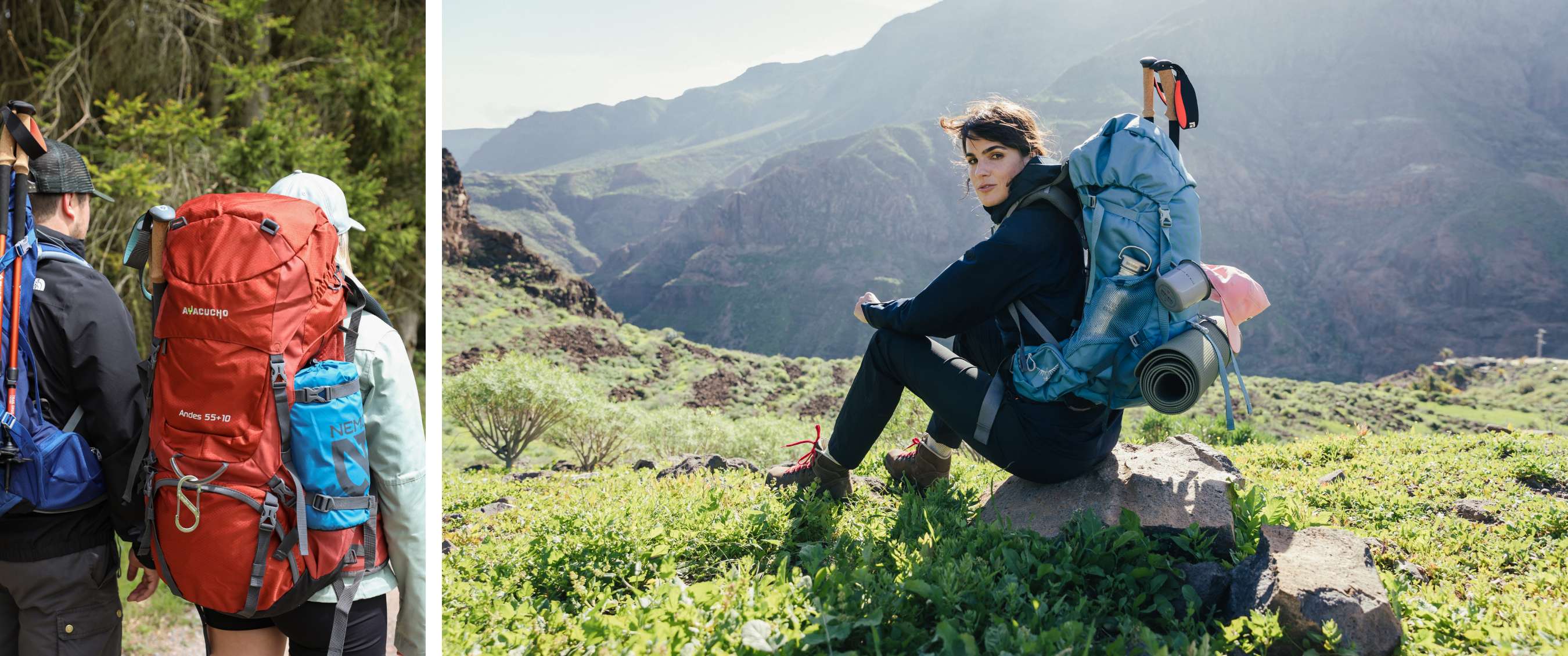 Deux images : sac de trekking rouge avec texte visible AYACUCHO Andes 55+10 et randonneuse avec sac bleu en montagne.
