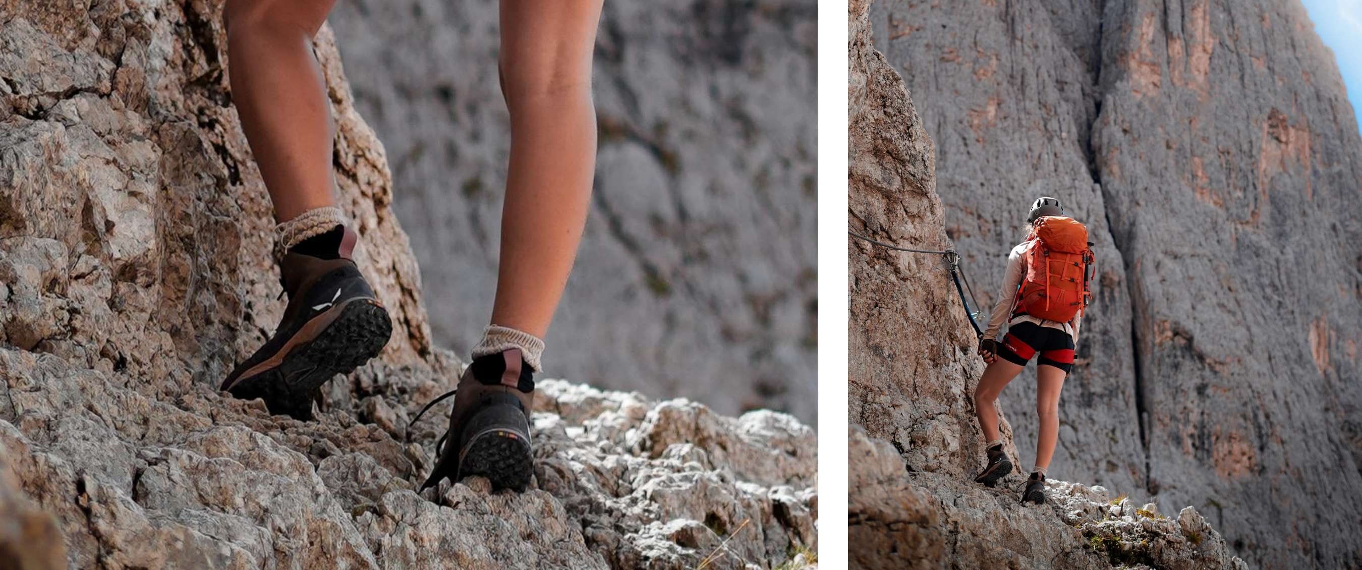 foto links: <Close-up van wandelschoenen op een steil, rotsachtig pad tijdens het bergbeklimmen.>;  foto rechts: <Persoon met helm en oranje rugzak klimt langs een beveiligde bergwand in een steile rotspartij.>
