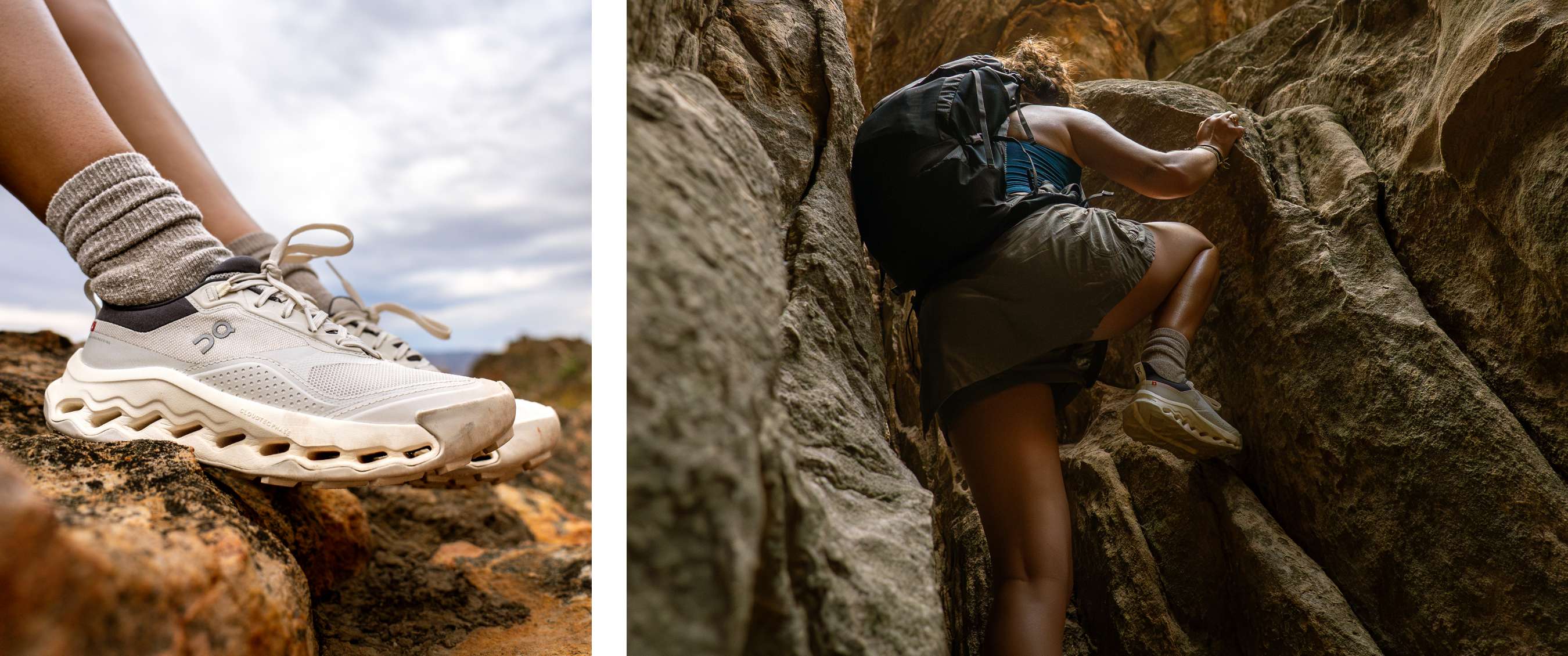 Twee beelden: close-up van lichte wandelschoenen op rotsen; wandelaar klimt met rugzak door een smalle rotskloof.
