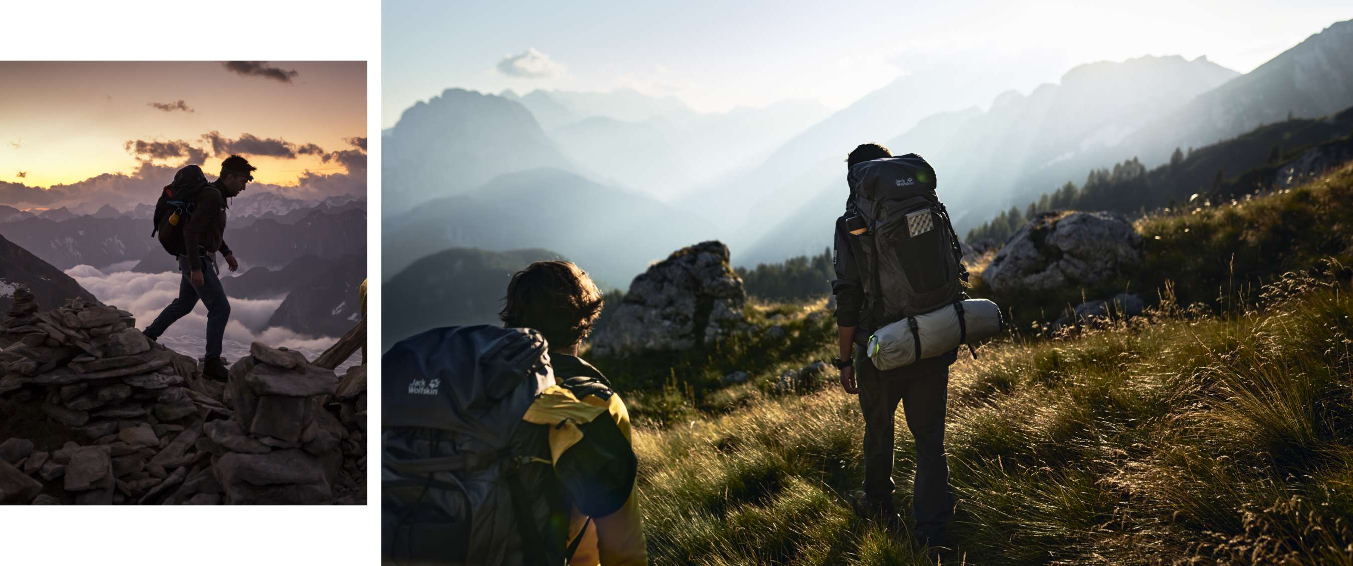 Twee beelden: wandelaar op rotsen bij zonsopkomst en backpacker in berggrasland.