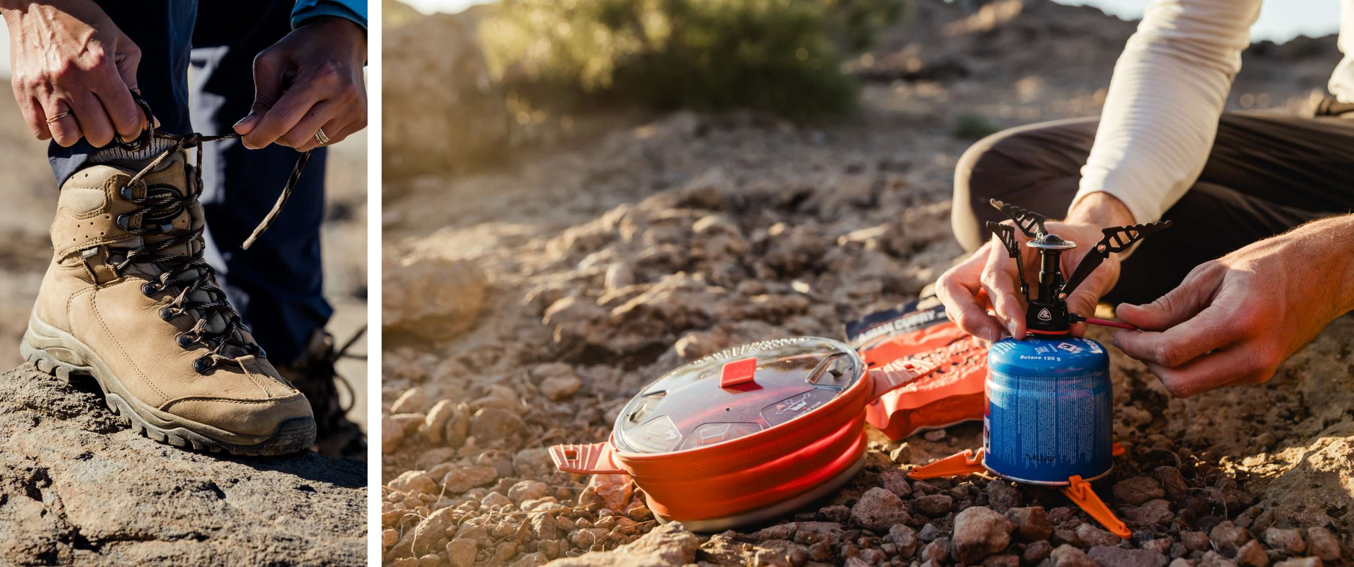 Twee beelden: trekkingmateriaal met stevige schoen en compact kooktoestel op rotsgrond.