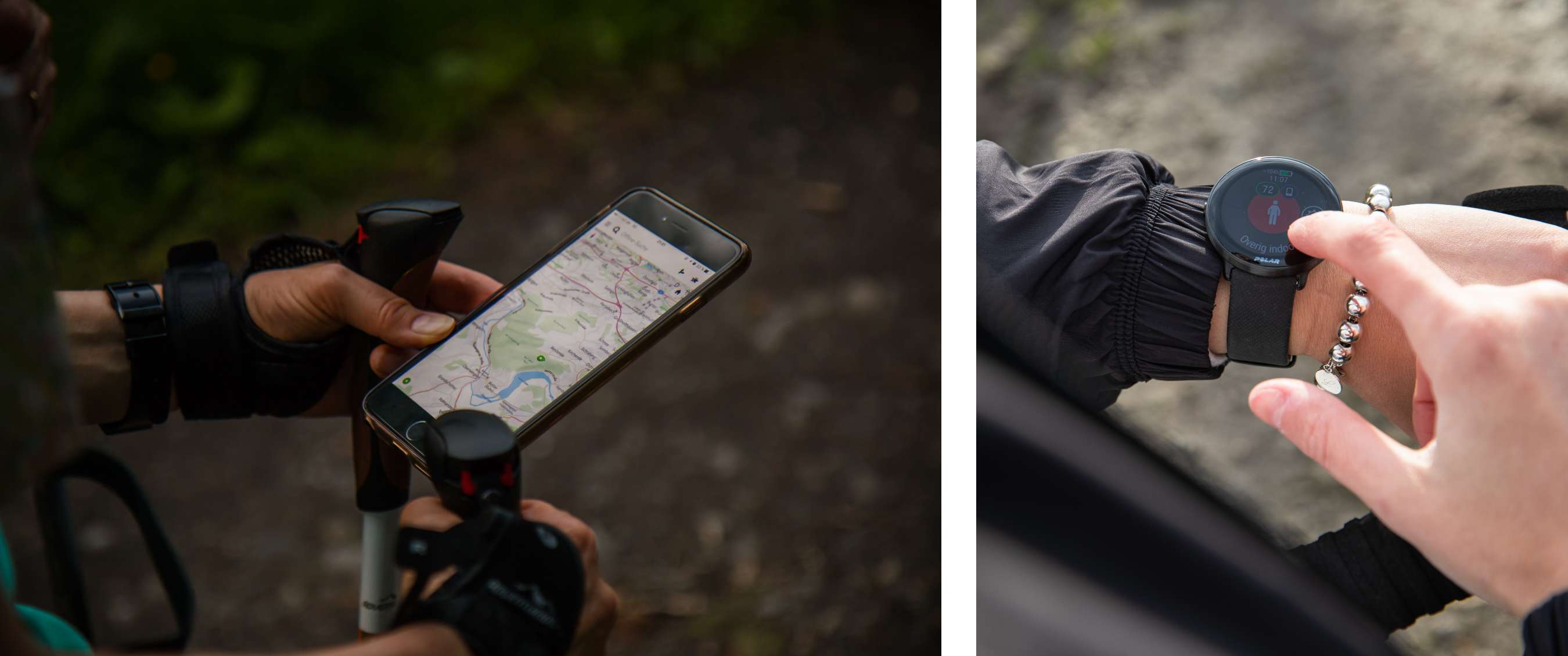 Deux images : smartphone avec carte de navigation fixé au guidon et main utilisant une montre connectée