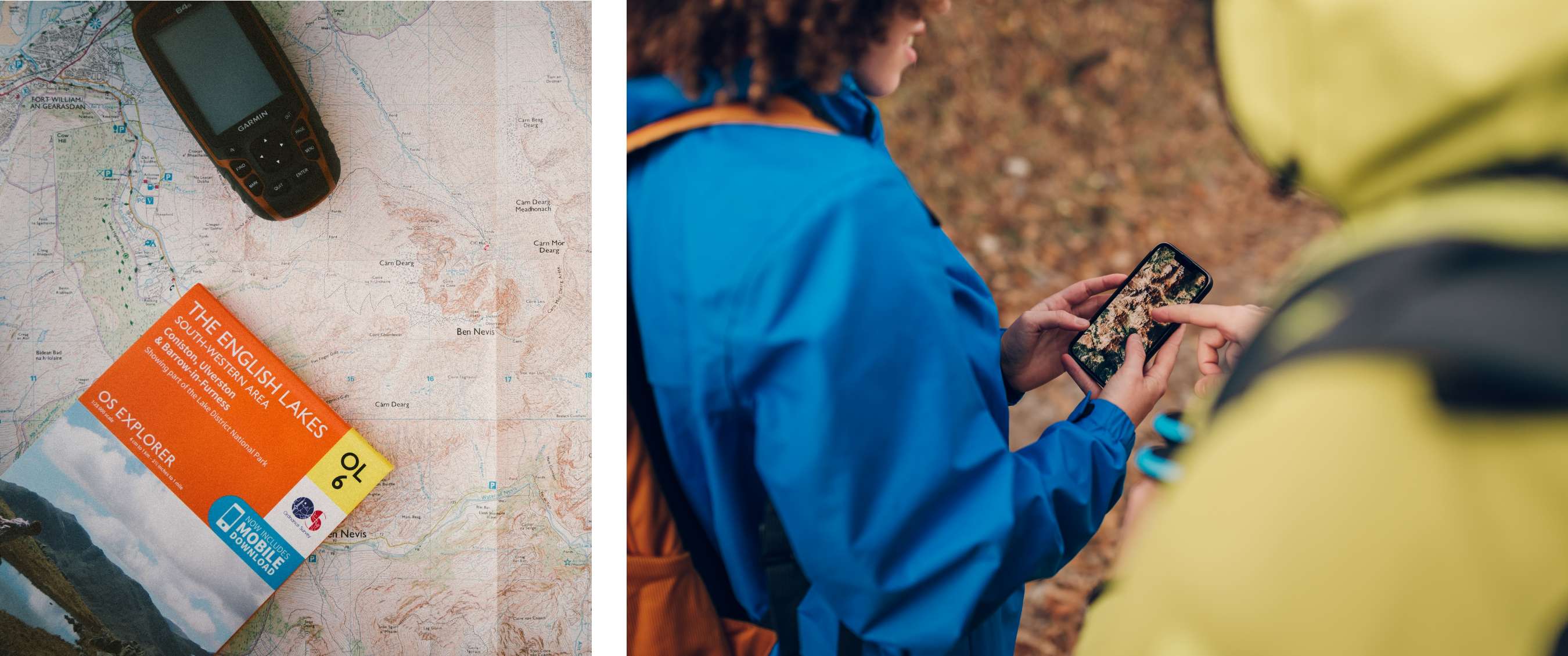 Deux images : carte papier “The English Lakes” avec GPS portable et OS Explorer OL 6, et randonneurs consultant un smartphone