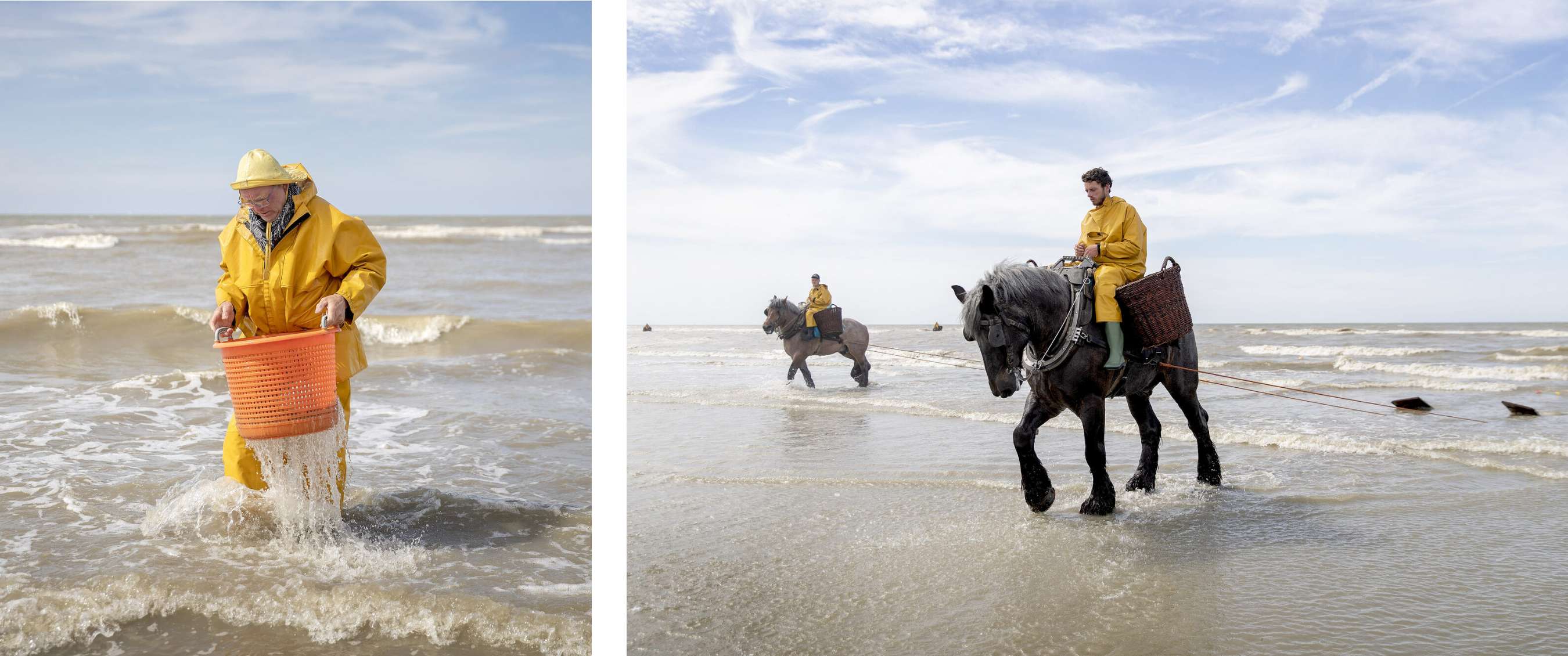 Deux images : pêcheur en ciré jaune avec panier dans la mer ; cavalier à cheval pêchant dans l’eau peu profonde.