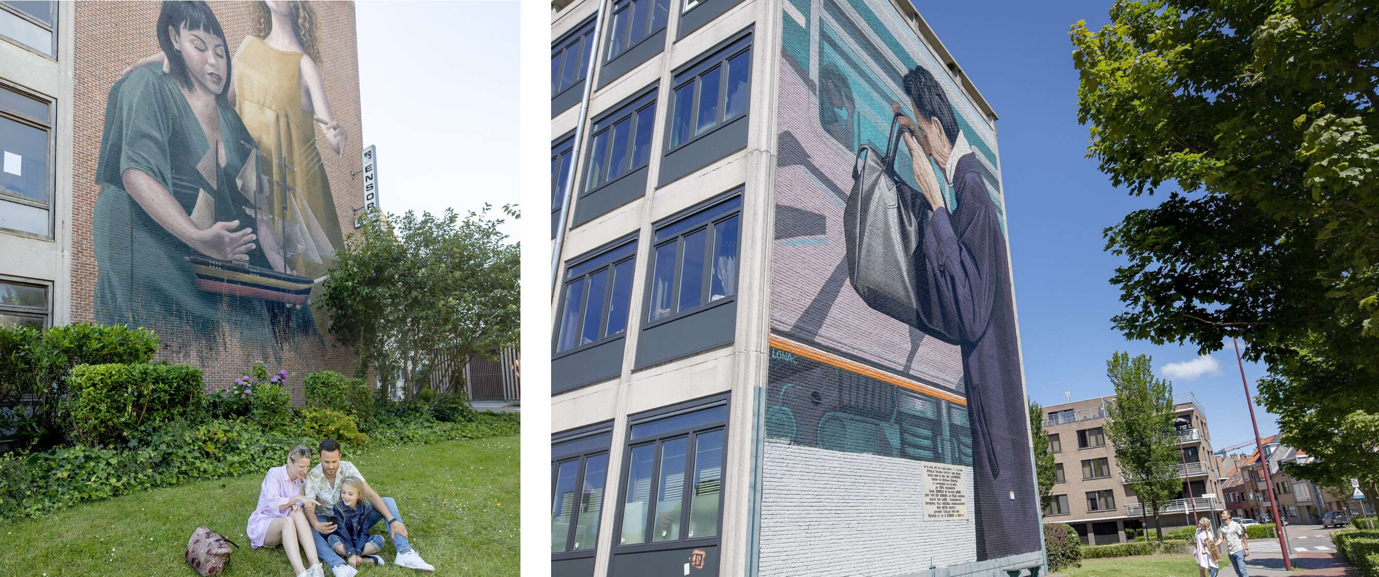 Deux images : grande fresque murale sur un bâtiment ; famille assise dans l’herbe devant la fresque.