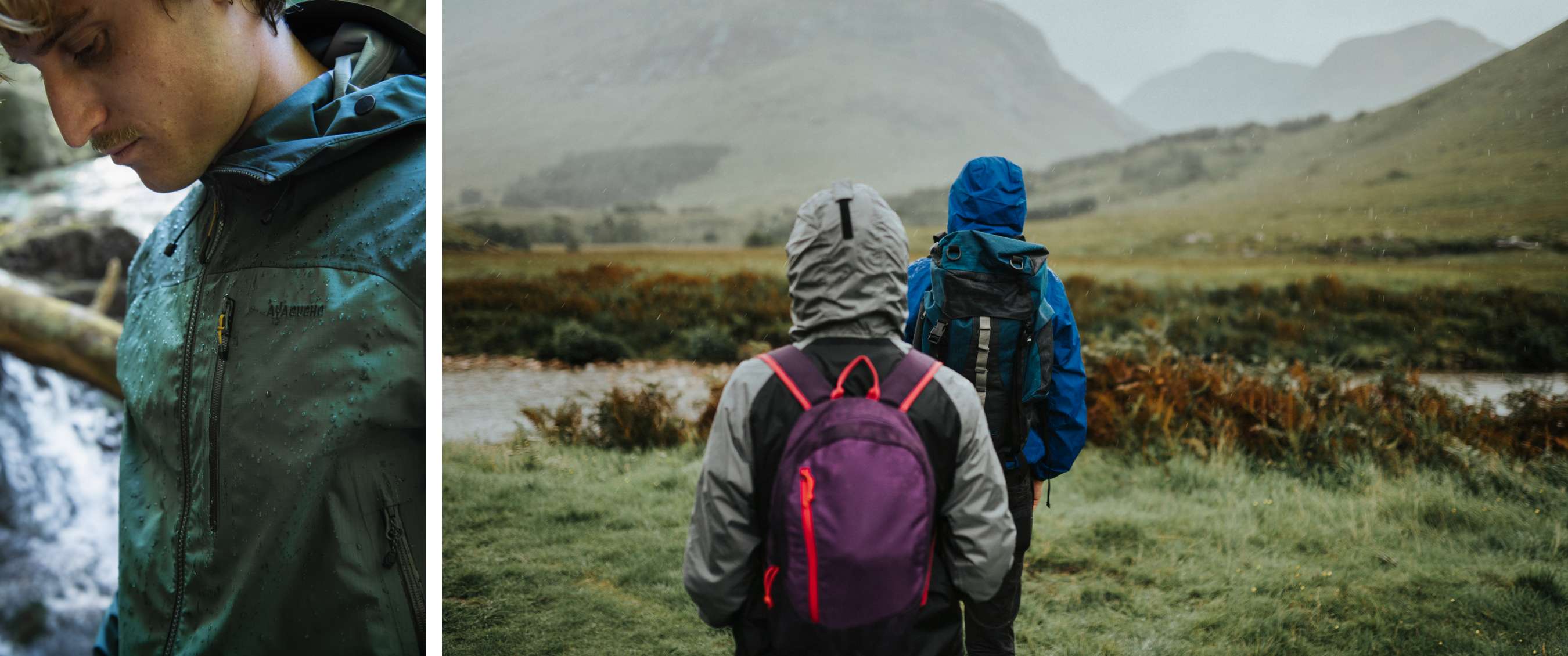 Twee personen wandelen in regenweer door een open landschap met bergen op de achtergrond.