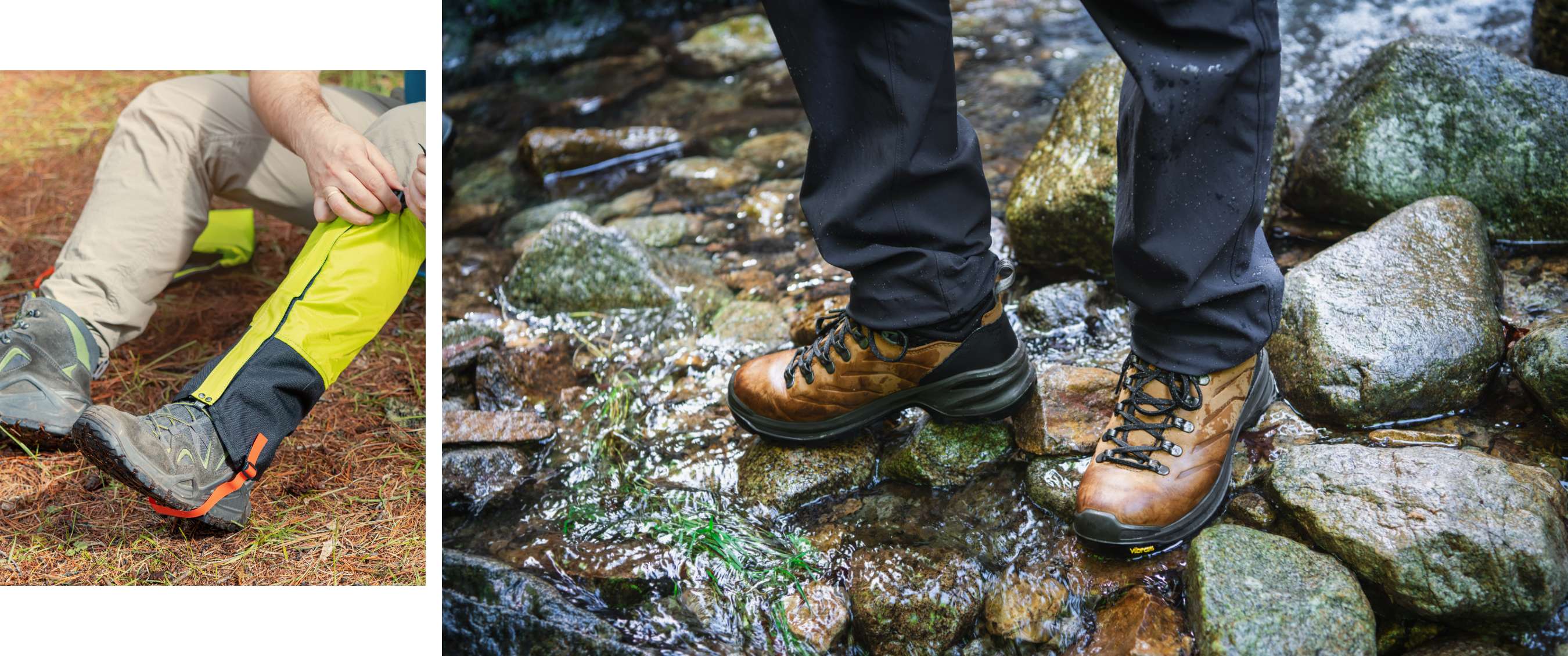 Close-up van wandelschoenen en donkere broek op stenen tussen stromend water.
