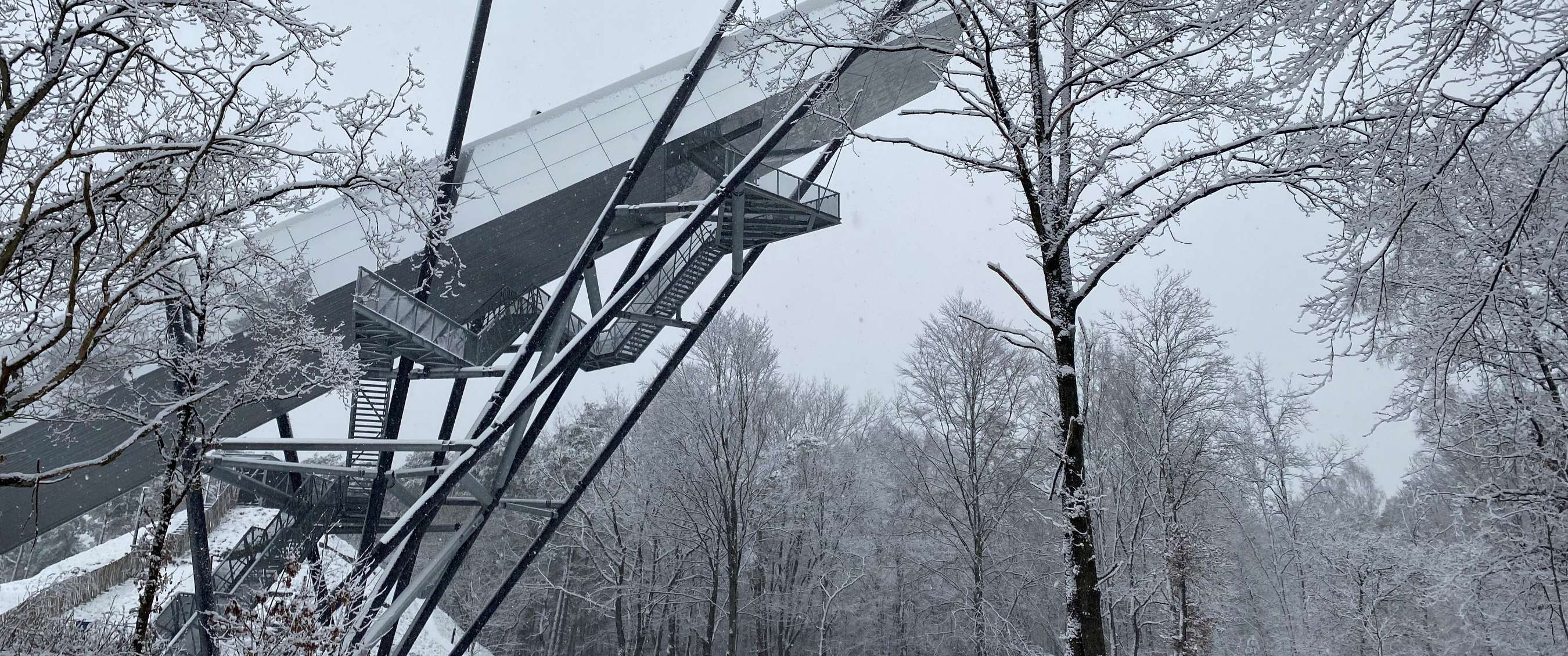 Architecturale uitkijktoren tussen met sneeuw bedekte bomen