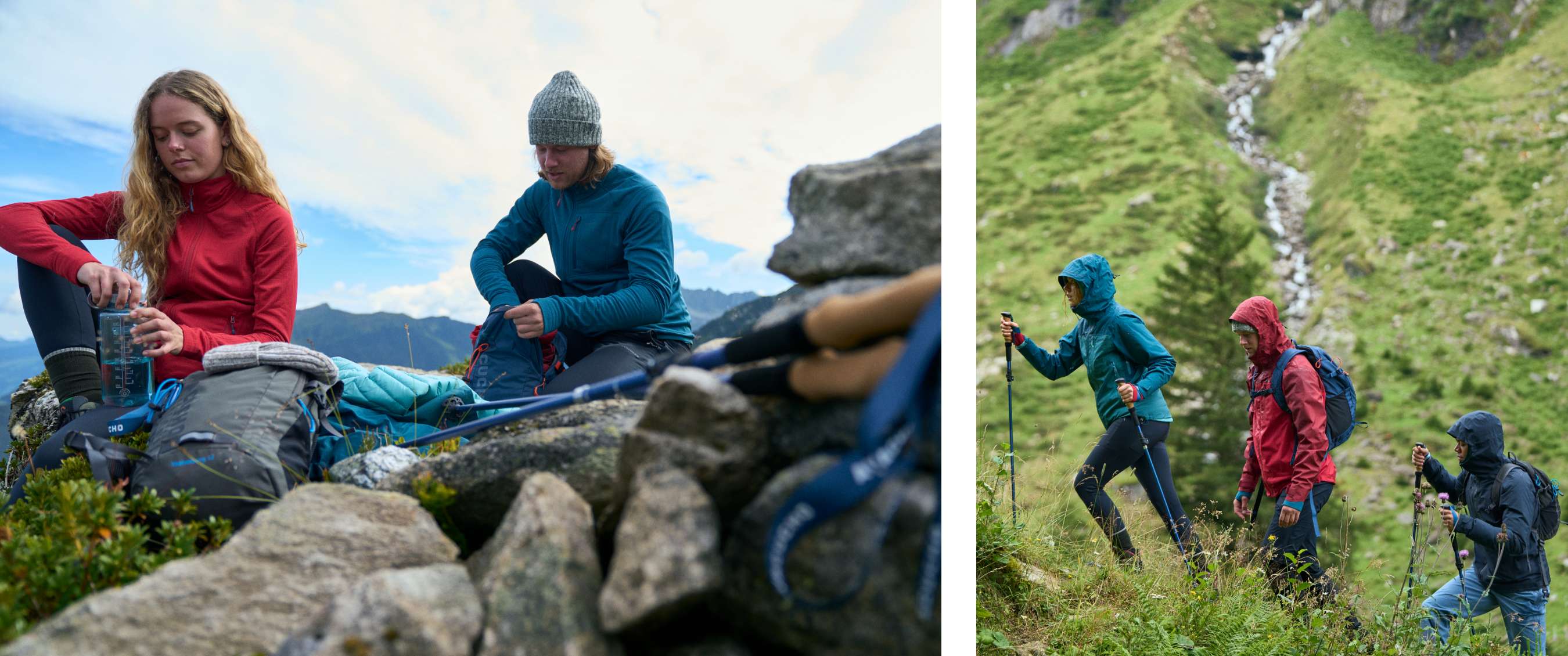 photo gauche <Deux randonneurs font une pause en montagne ; une femme remplit sa gourde tandis qu’un homme regarde dans son sac à dos.> photo droite <Trois randonneurs portant des vestes imperméables et utilisant des bâtons de marche montent à travers un paysage de montagne verdoyant.>