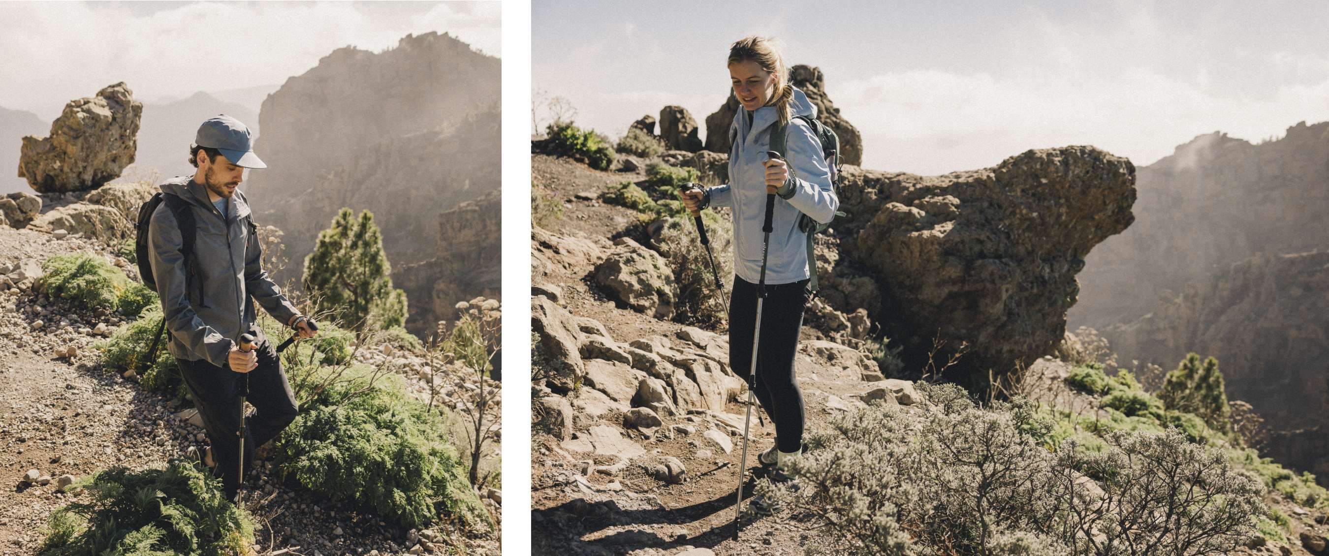 photo gauche <Homme portant une casquette et une veste grise marchant avec des bâtons de randonnée sur un sentier rocheux de montagne bordé d’arbustes.> photo droite <Femme portant une veste bleu clair et un sac à dos marchant avec des bâtons de randonnée sur un sentier ensoleillé et pierreux en montagne.>