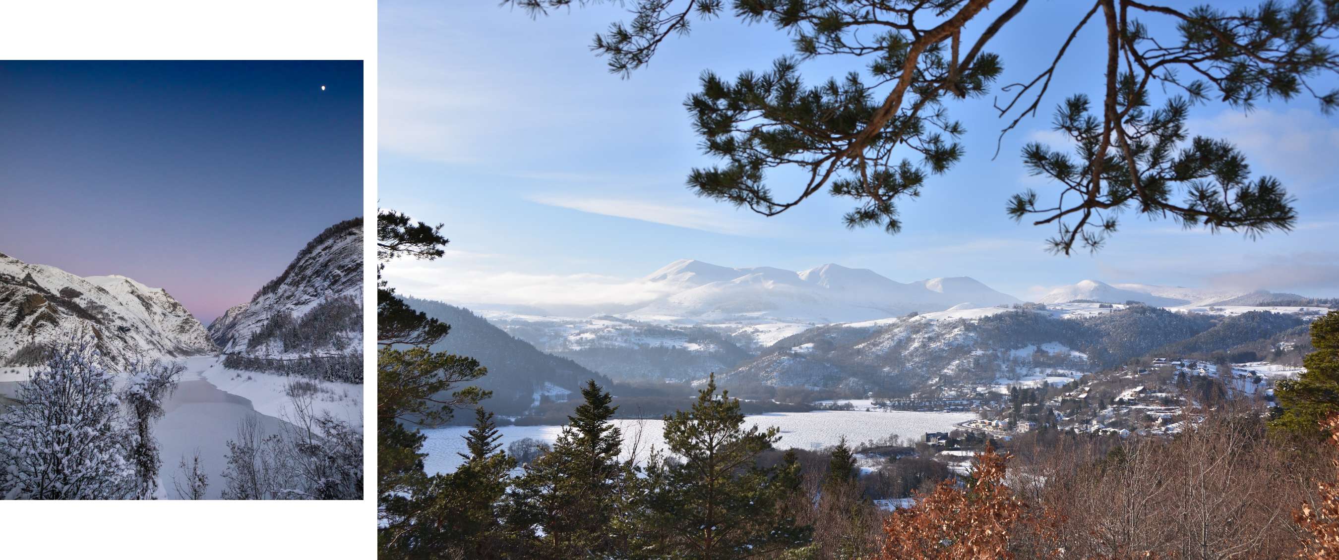 Collines enneigées et vallée entourées d’arbres sous un ciel bleu dégagé.