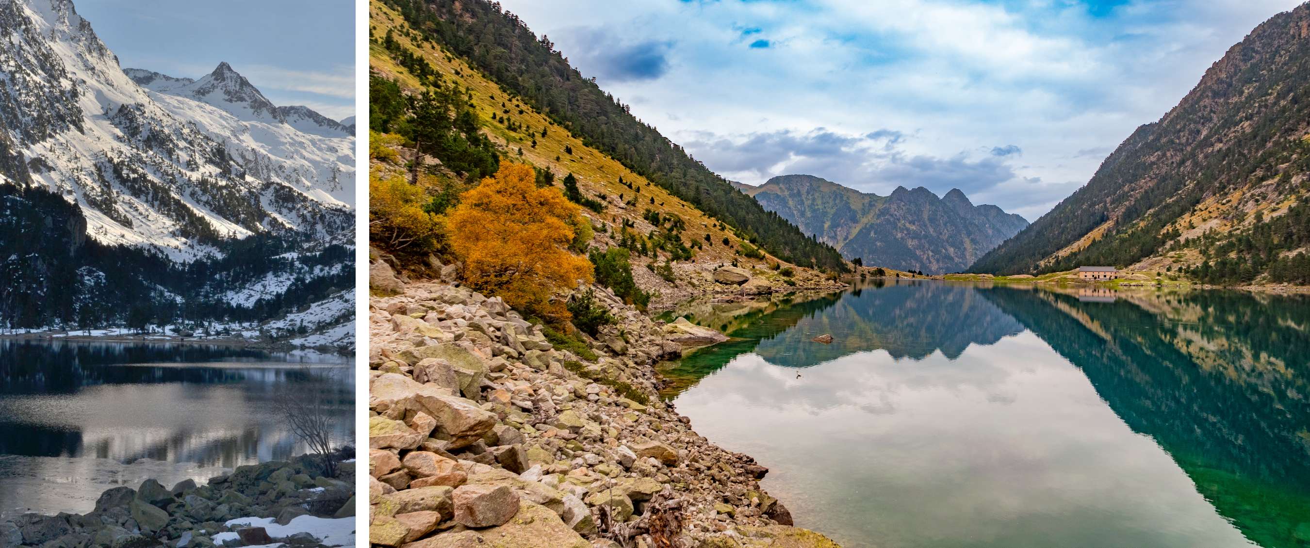 Lac aux eaux claires entre des versants abrupts sous un ciel nuageux.