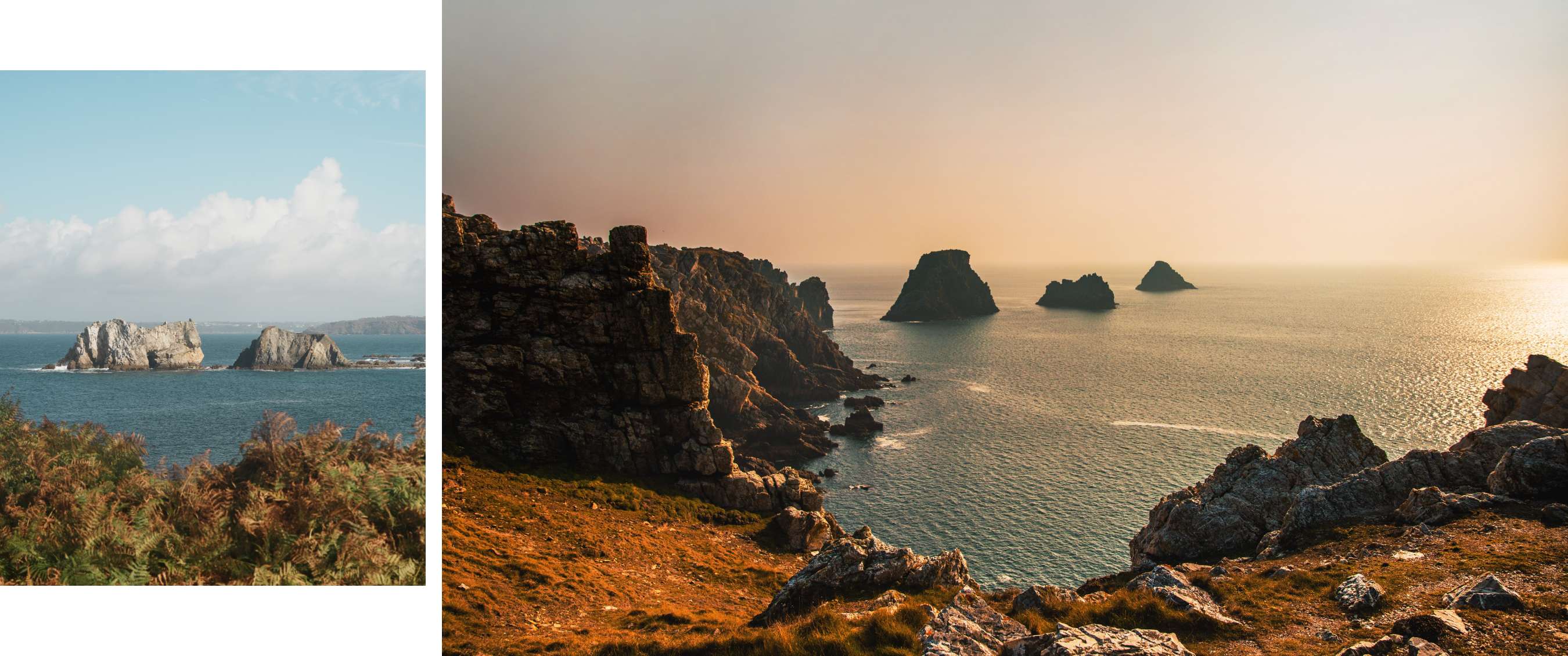 Côte rocheuse dominant la mer avec trois formations rocheuses dans une chaude lumière du soir.