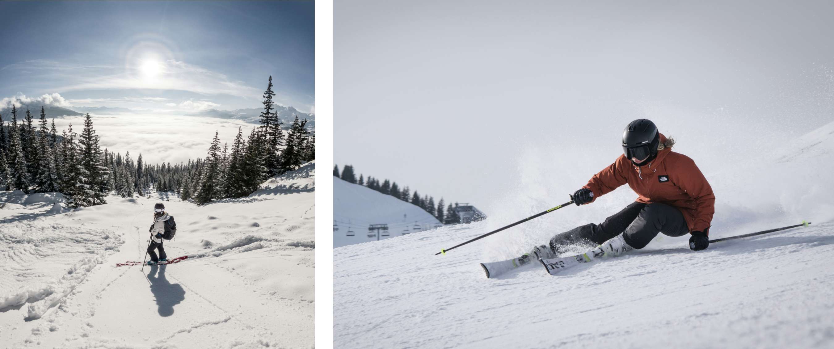 Twee beelden: skiër staat stil in besneeuwd berglandschap met bomen; skiër maakt scherpe bocht op geprepareerde skipiste