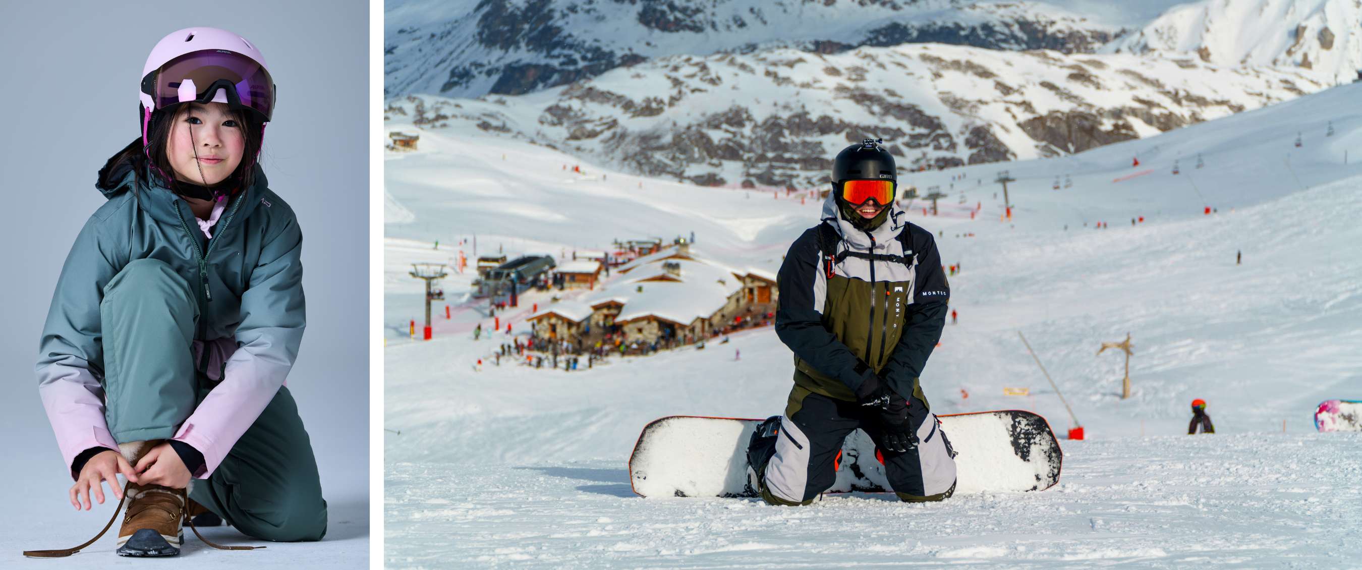Snowboardeur avec casque et masque posant sur une piste enneigée avec des montagnes à l’arrière-plan.