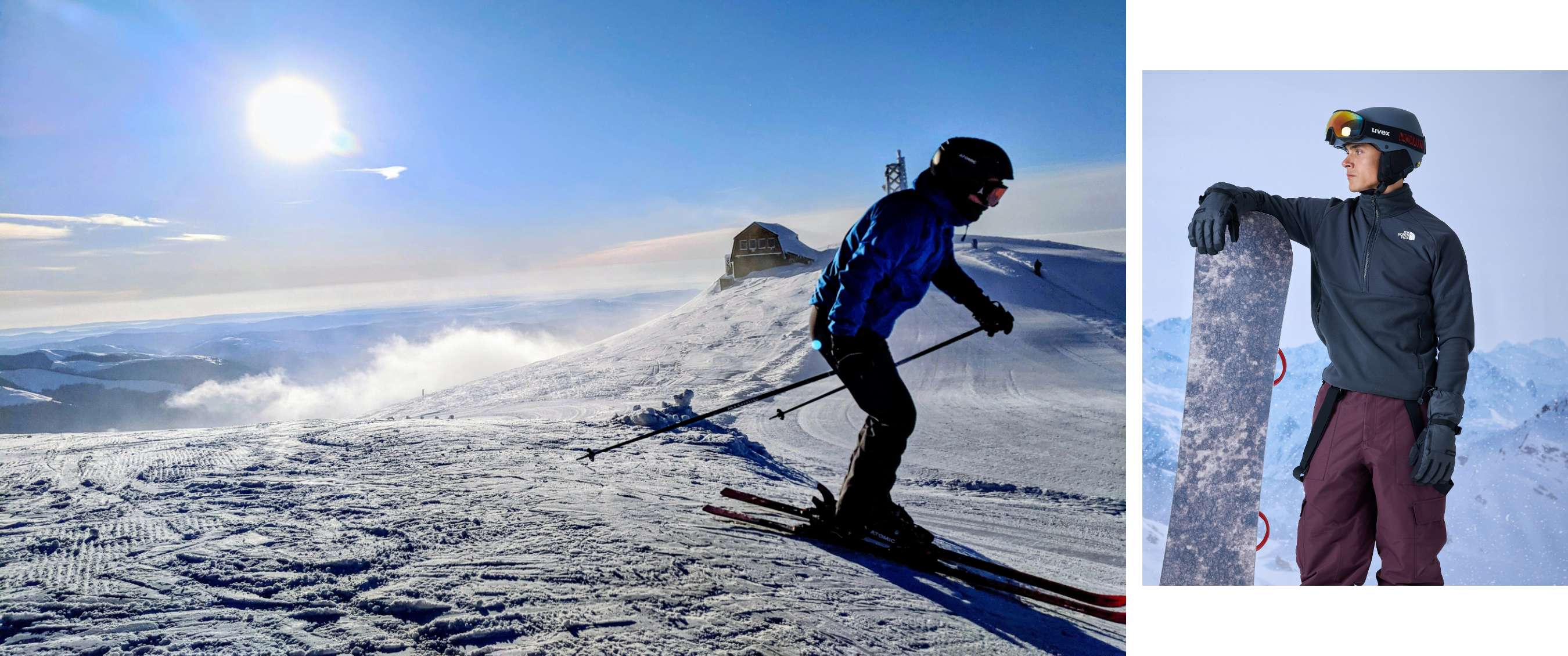 Skieur avec casque noir et veste bleue descendant une piste enneigée sous un ciel dégagé.