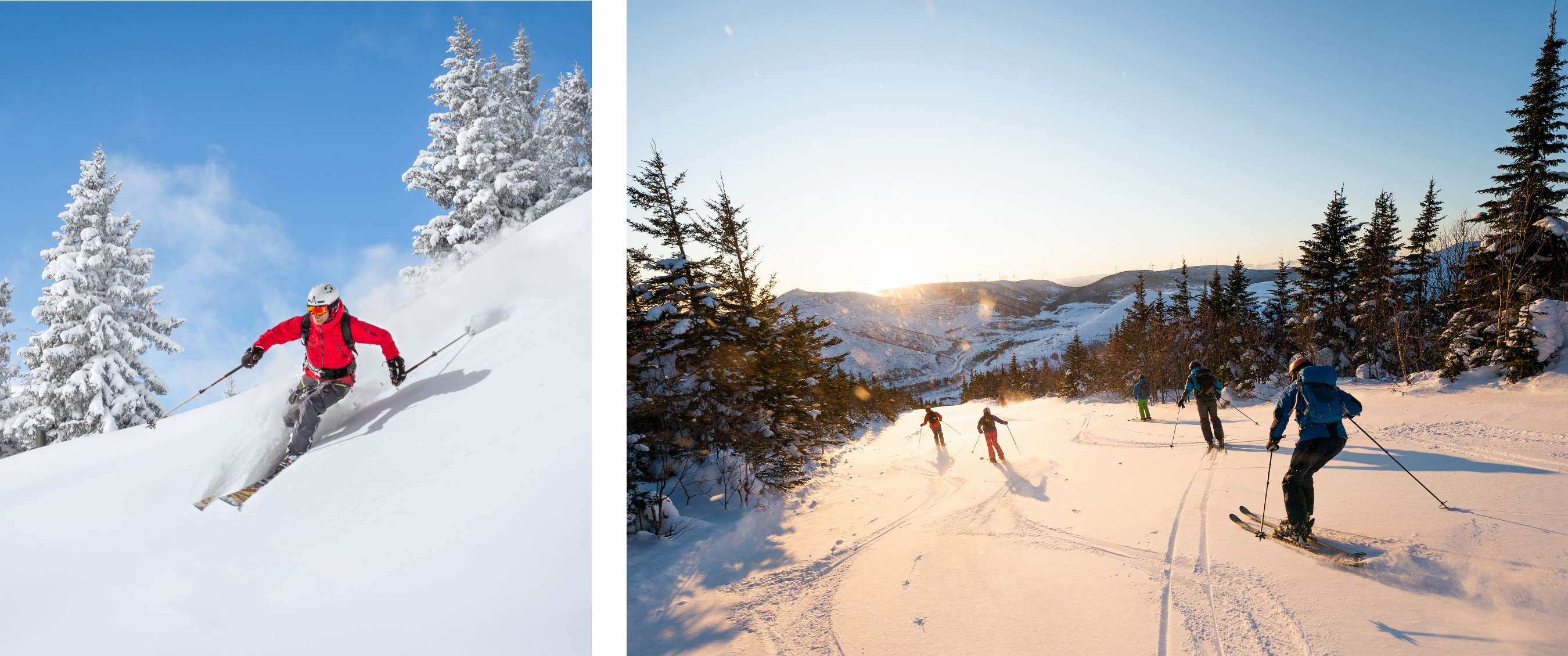 Deux images : skieur en veste rouge descendant une pente raide dans la neige profonde ; groupe de skieurs sur une large piste enneigée avec des arbres et le soleil bas.