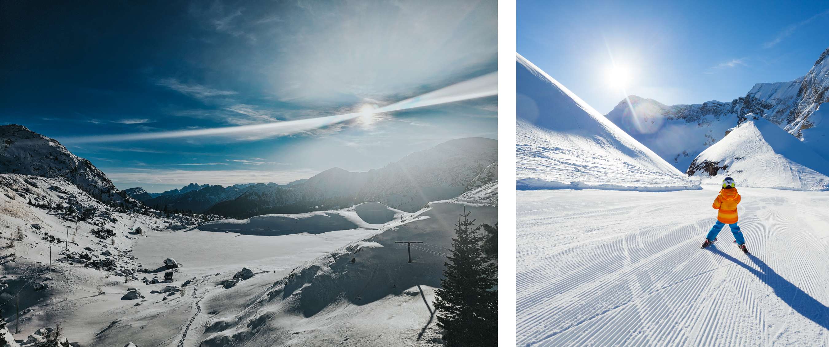 Deux images : vallée enneigée en paysage hivernal sous ciel bleu ; enfant en veste orange skiant sur une large piste ensoleillée.