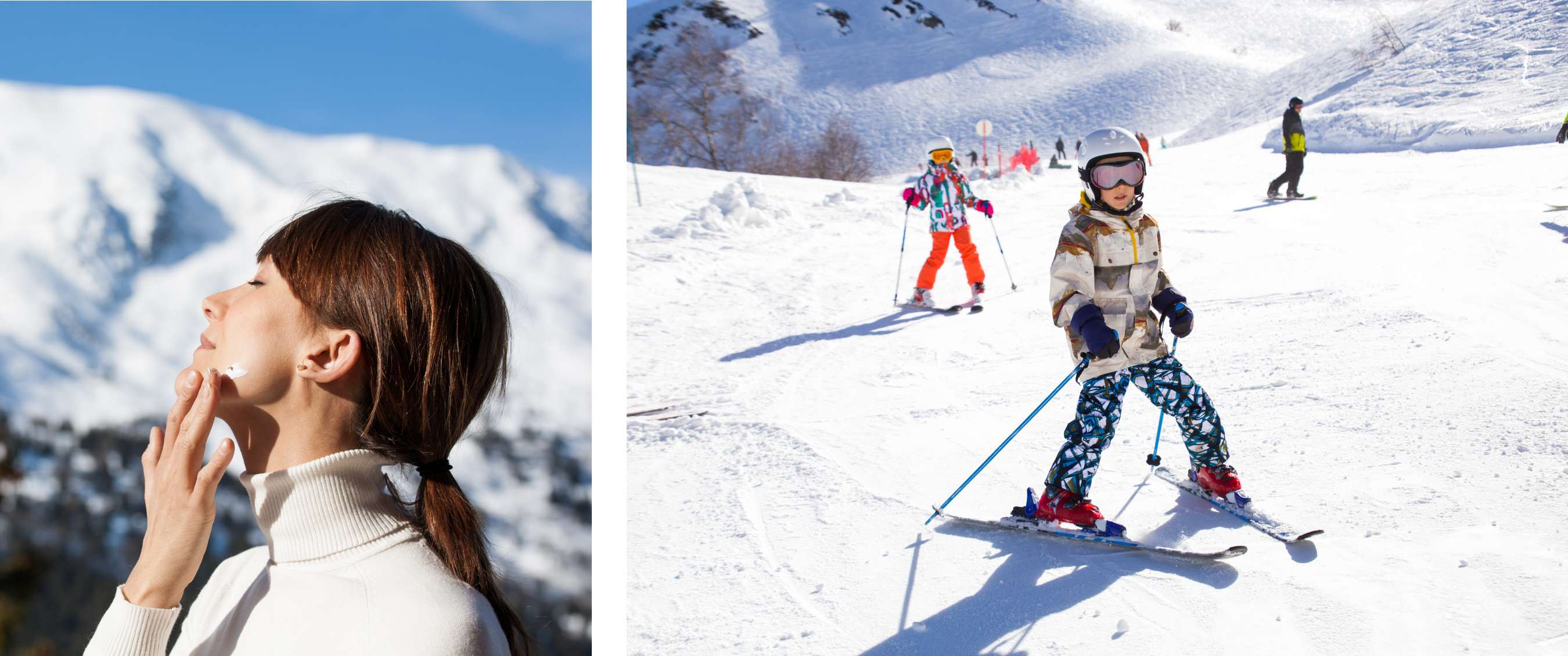 Deux images : femme en tenue d’hiver appliquant de la crème sur sa joue avec vue sur les montagnes ; enfants à ski descendant calmement une large piste.