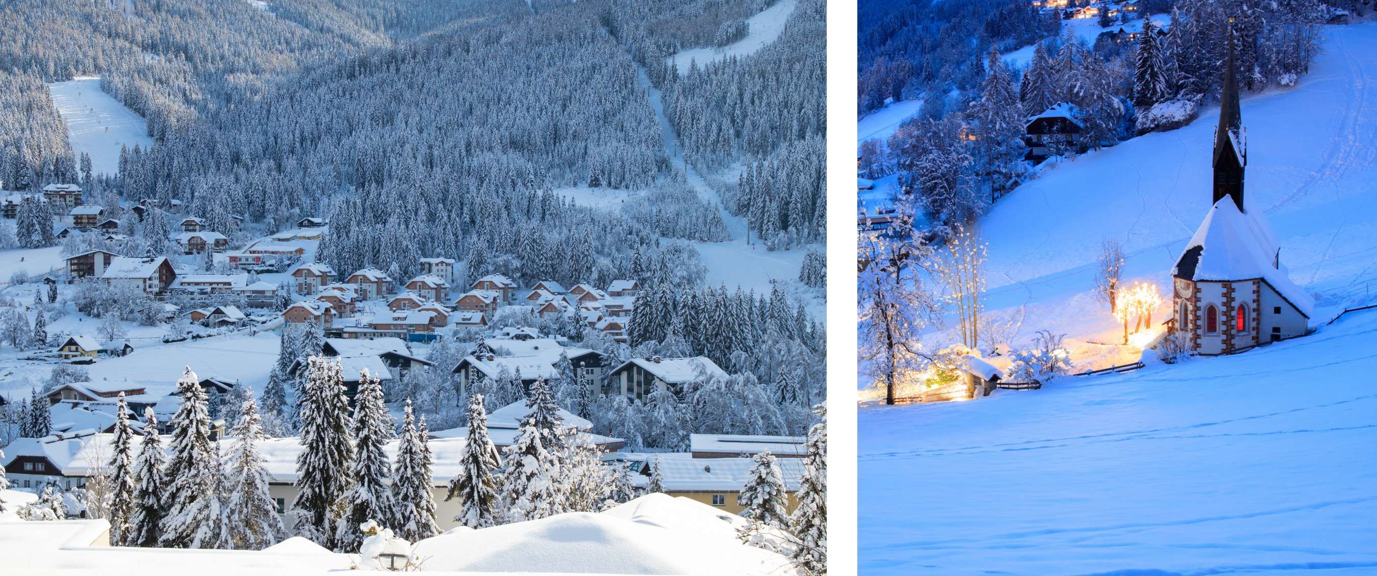 Twee beelden: Overzicht van besneeuwd dorp aan bosrijke helling – Kleine kapel verlicht in avond op witte heuvel.