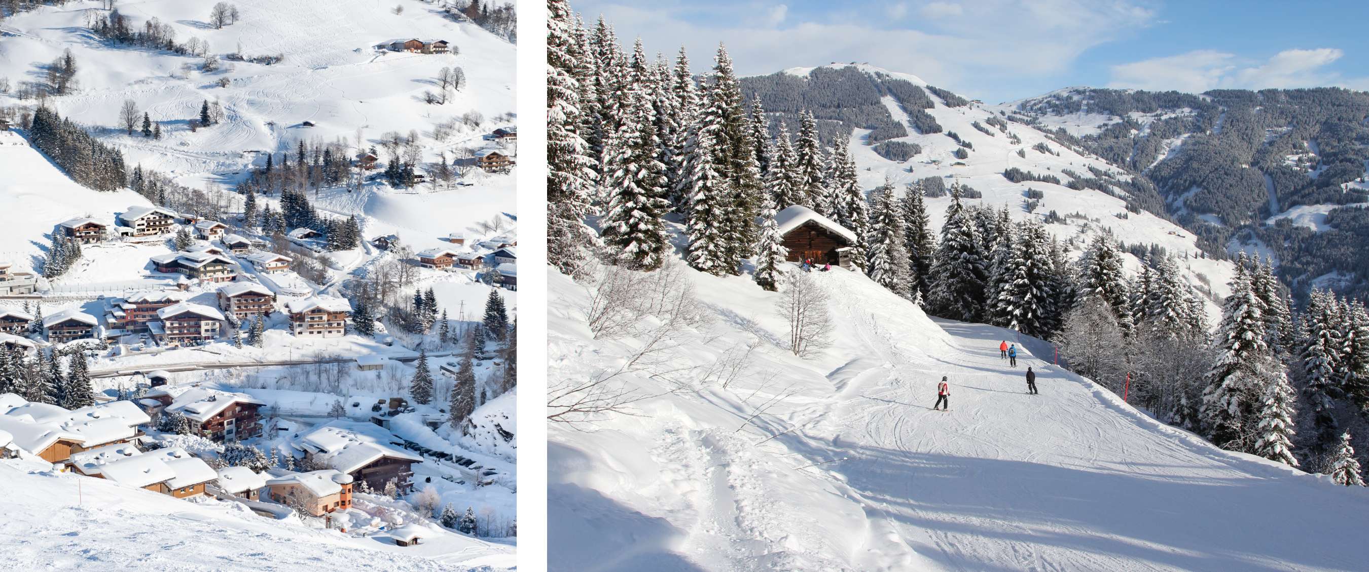 Twee beelden: Besneeuwd alpendorp tussen heuvels – Skiërs op bosrijke piste met bergen.