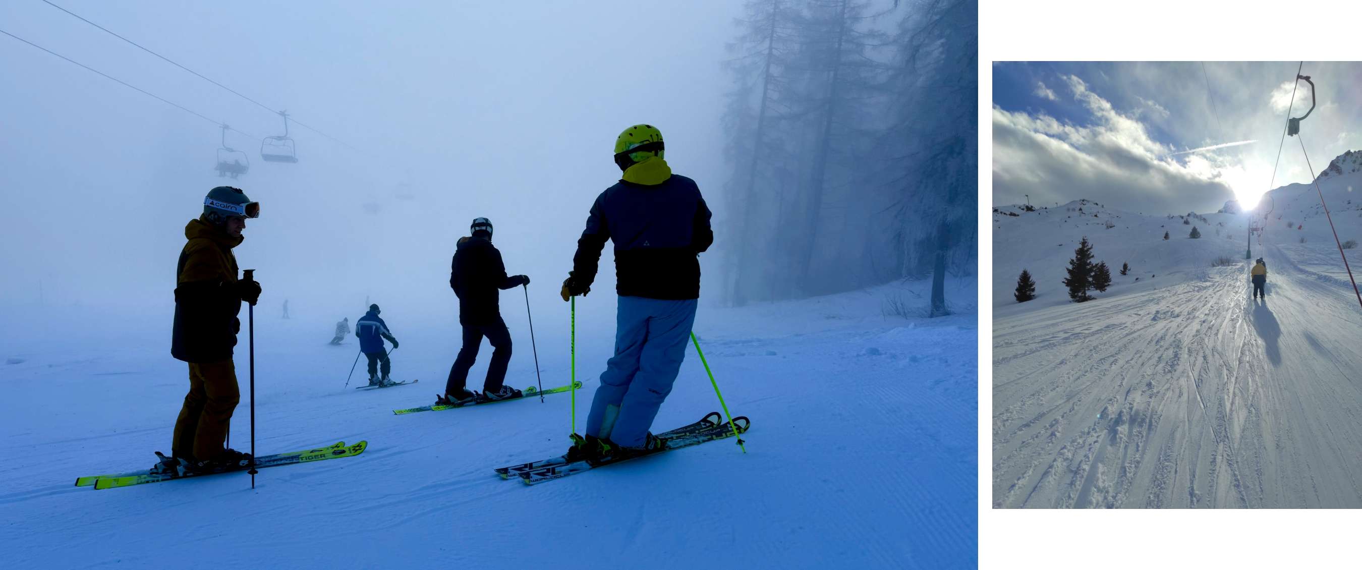 Plusieurs skieurs se tiennent et skient sur une piste brumeuse avec un télésiège à l’arrière-plan.