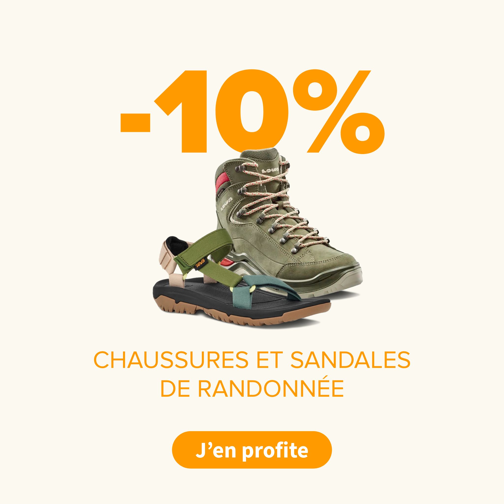 -10 % sur les sandales et chaussures de randonnée. 15 % de réduction à l'achat de 2 paires.