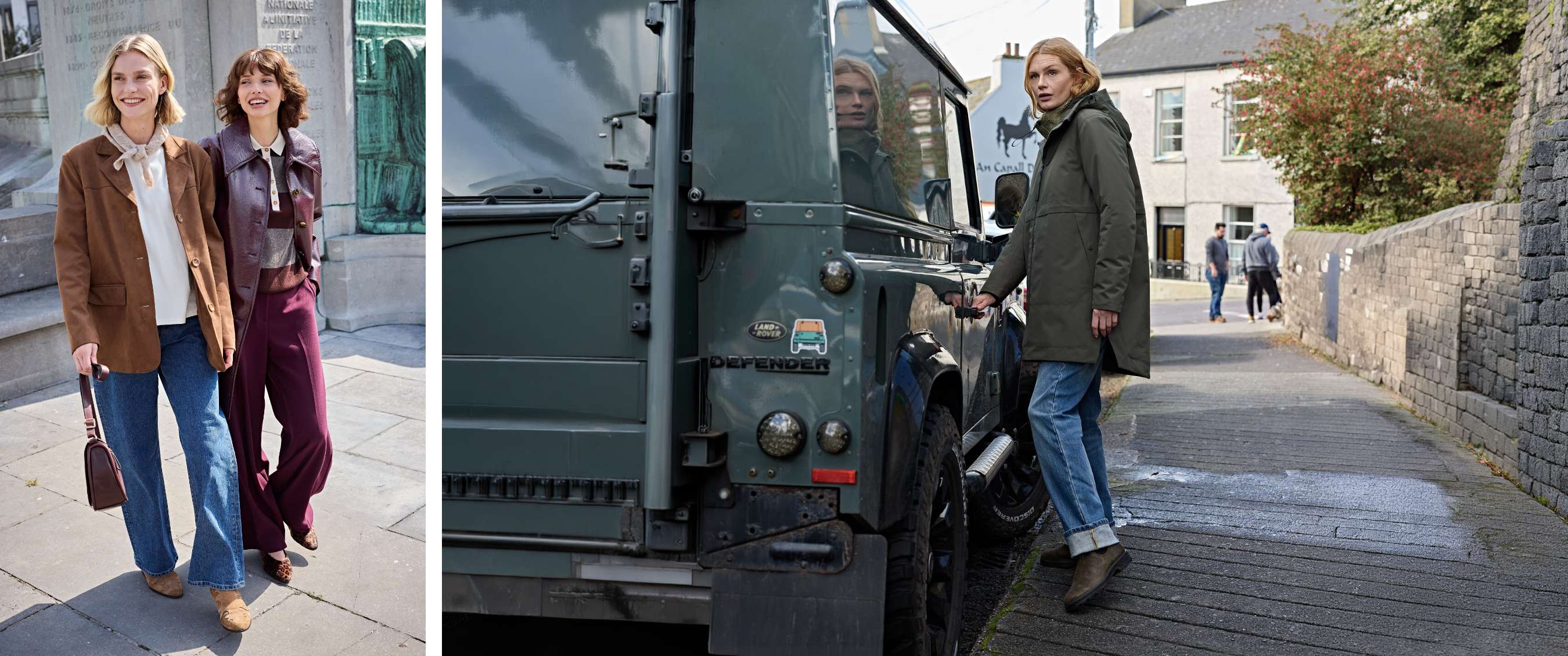 Vrouw met opgerolde jeans staat naast een groene Land Rover Defender en houdt de deurklink vast.