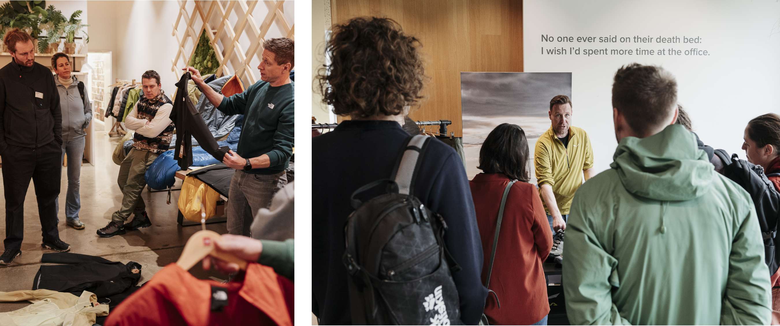 Deux images : visiteurs regardant une démonstration de produit dans un magasin ; homme s’adressant à un groupe pendant un atelier.