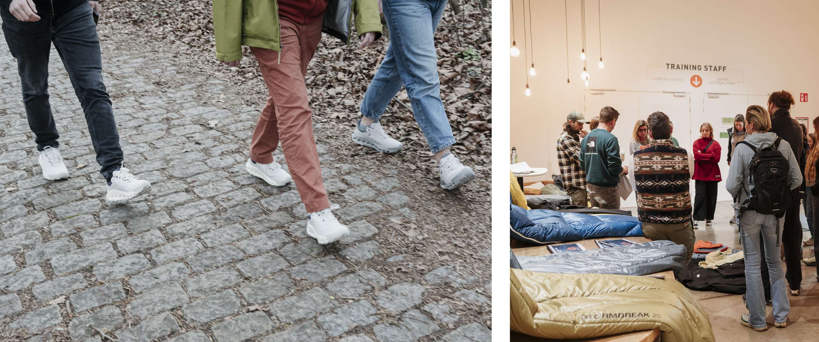 Deux images : détail de pieds en mouvement sur un sentier ; groupe écoutant un atelier près de matériel exposé.