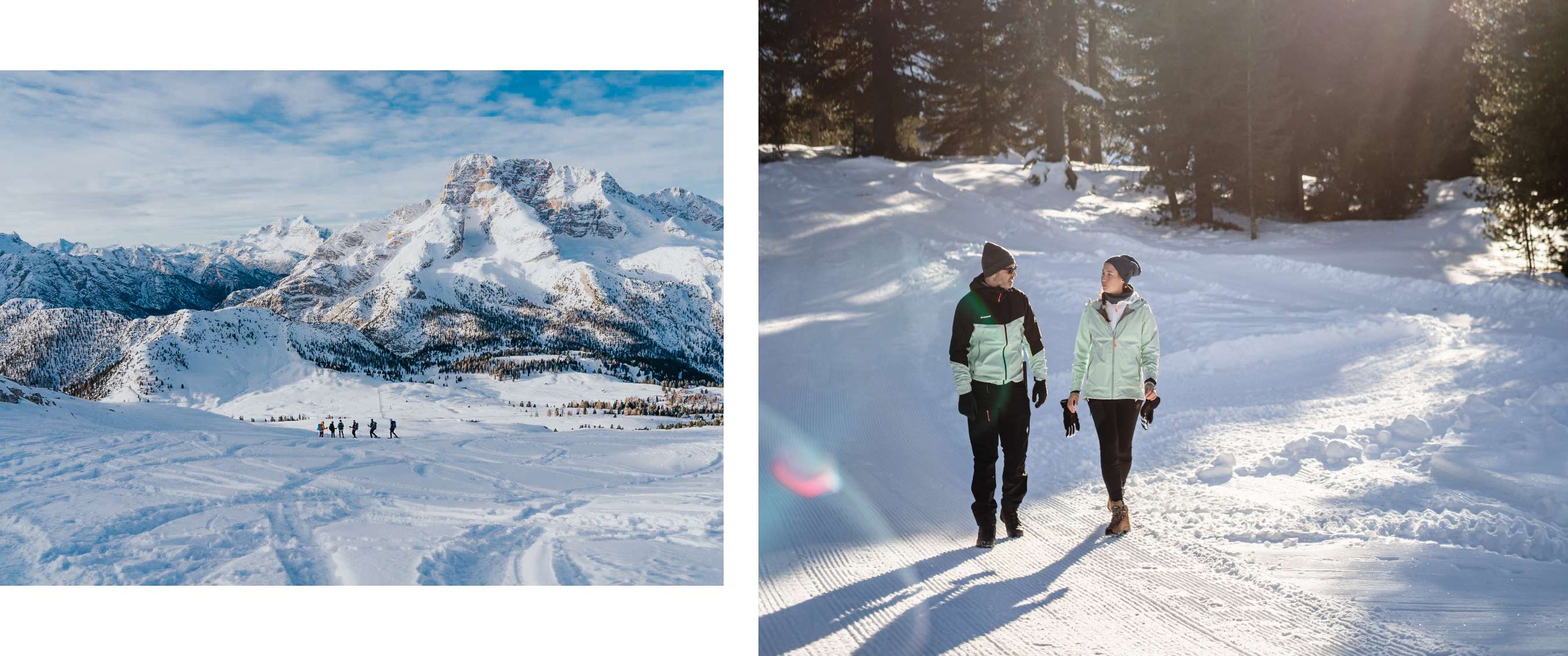 Deux images : paysage de montagnes enneigées ; deux personnes marchent sur un sentier enneigé en forêt.