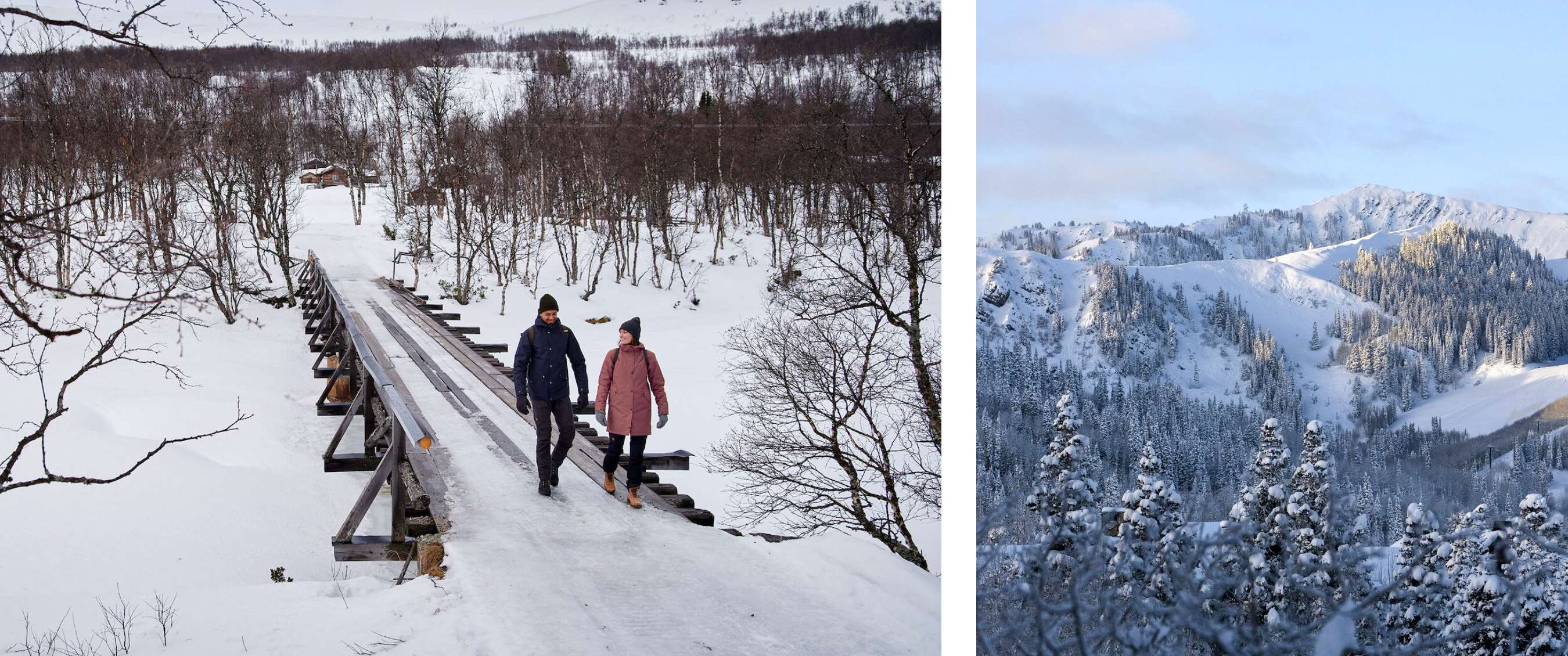 Deux images : deux personnes marchent sur un pont enneigé ; montagnes enneigées avec sapins.